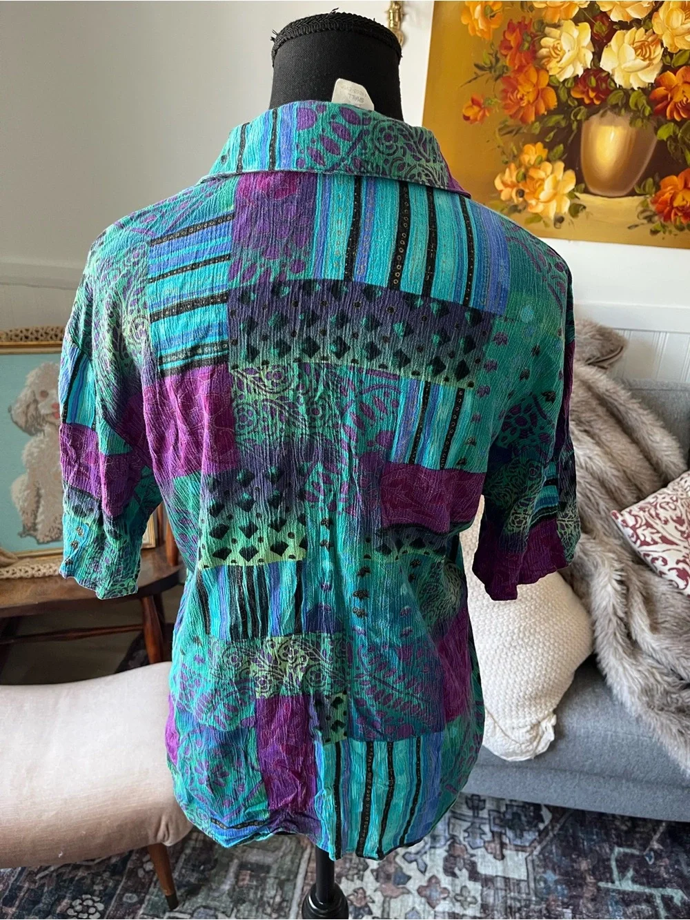 Women’s Vintage Teal, Purple & Black Button Front Shirt Size M fit - Picture 5 of 8